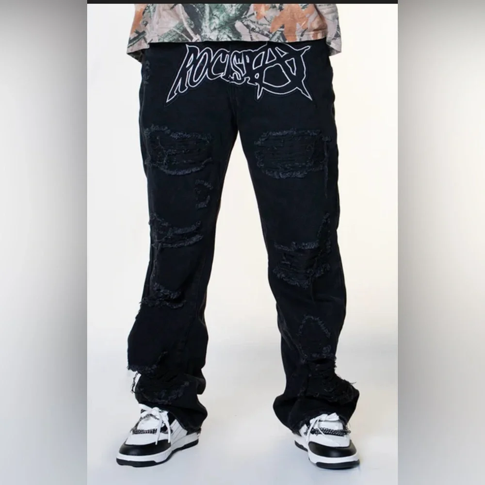 Black Rockstar Distressed Baggy Denim Men’s Jeans with Star Patches Size 40